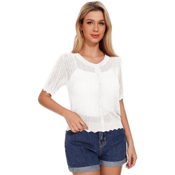 Women's Short Sleeve Summer Hollow Out Crew Neck Button Down Cardigan Sweater - Picture 2 of 7